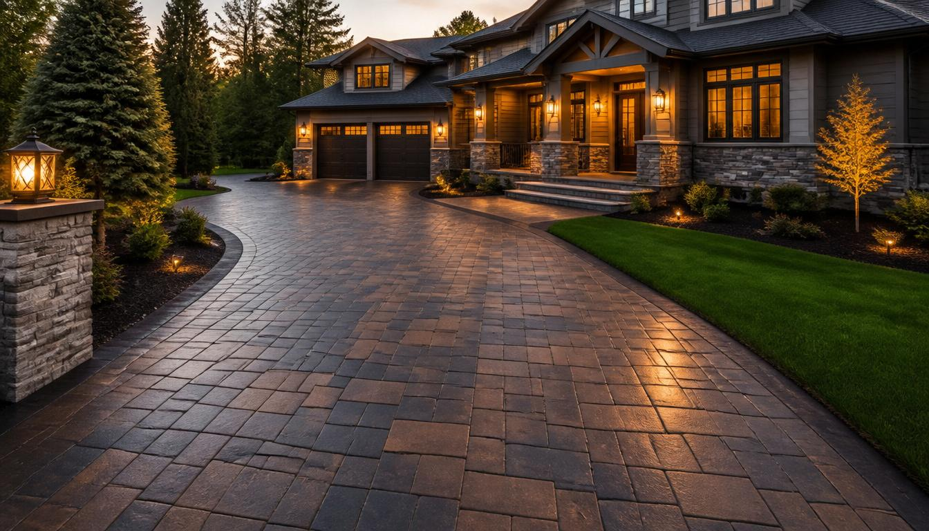 Ungrady Charlotte crew on a finished paver driveway at dusk